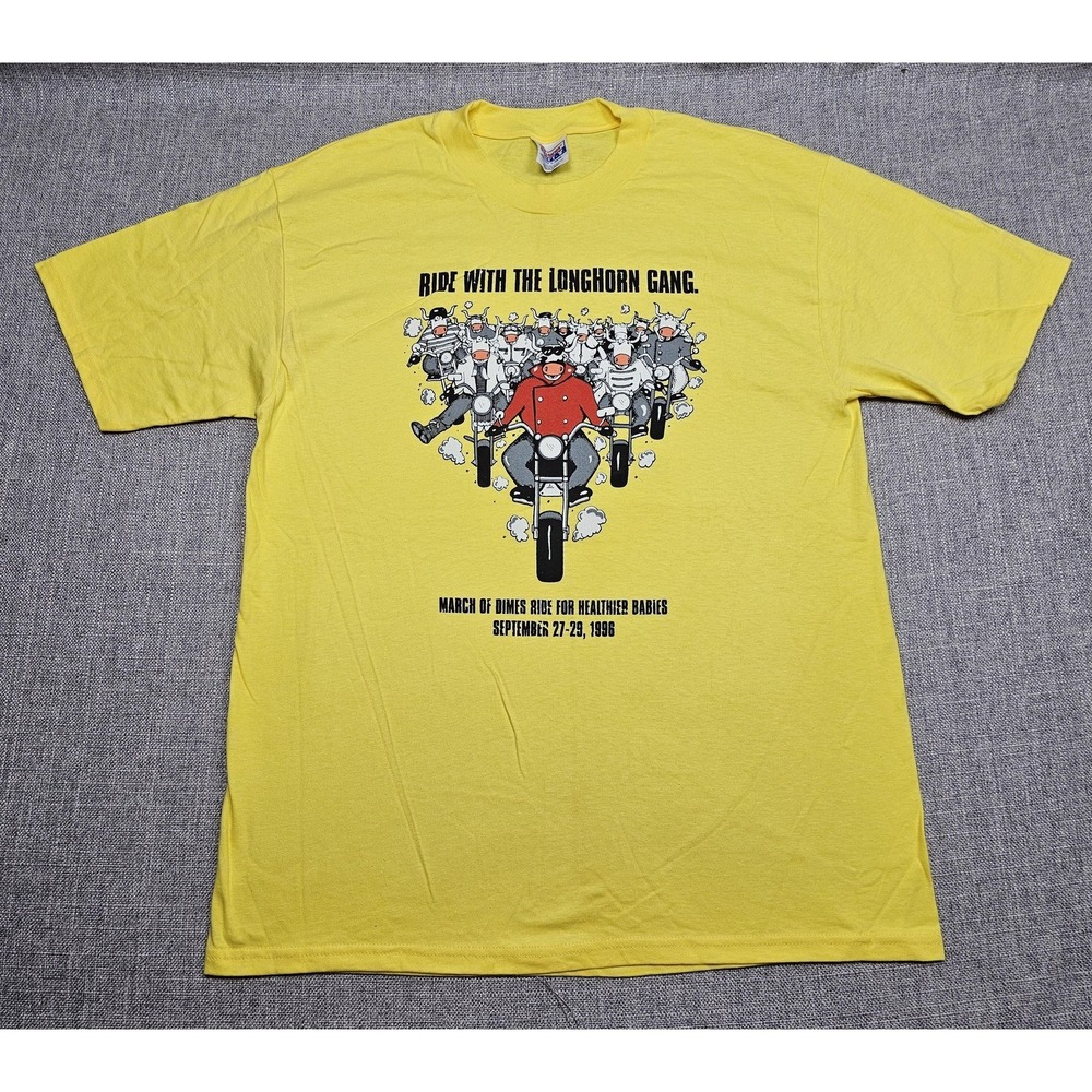 VINTAGE March of Dimes Shirt Mens Large Yellow 1996 Motorcycle Ride LongHorn 90s